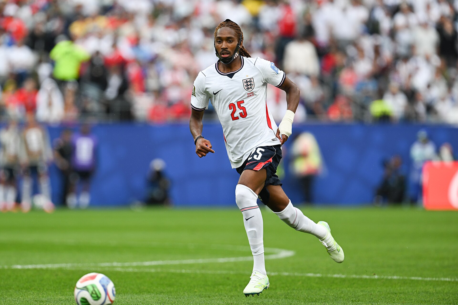 FOXBOROUGH, UNITED STATES - June 23: Djed Spence #25 of England is in action against during the FIFA World Cup 2026 Group L match between England and Ghana on June 23, 2026 Boston Stadium , Foxborough, Massachusetts