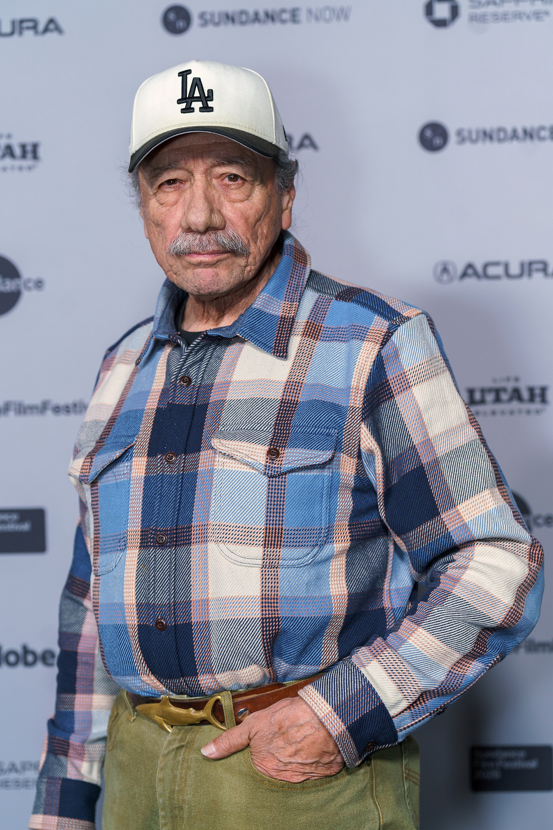 Edward James Olmosat the Sundance Film Festival to support the documentaries "American Pachuco: The Legend of Luis Valdez" and "TheyDream"