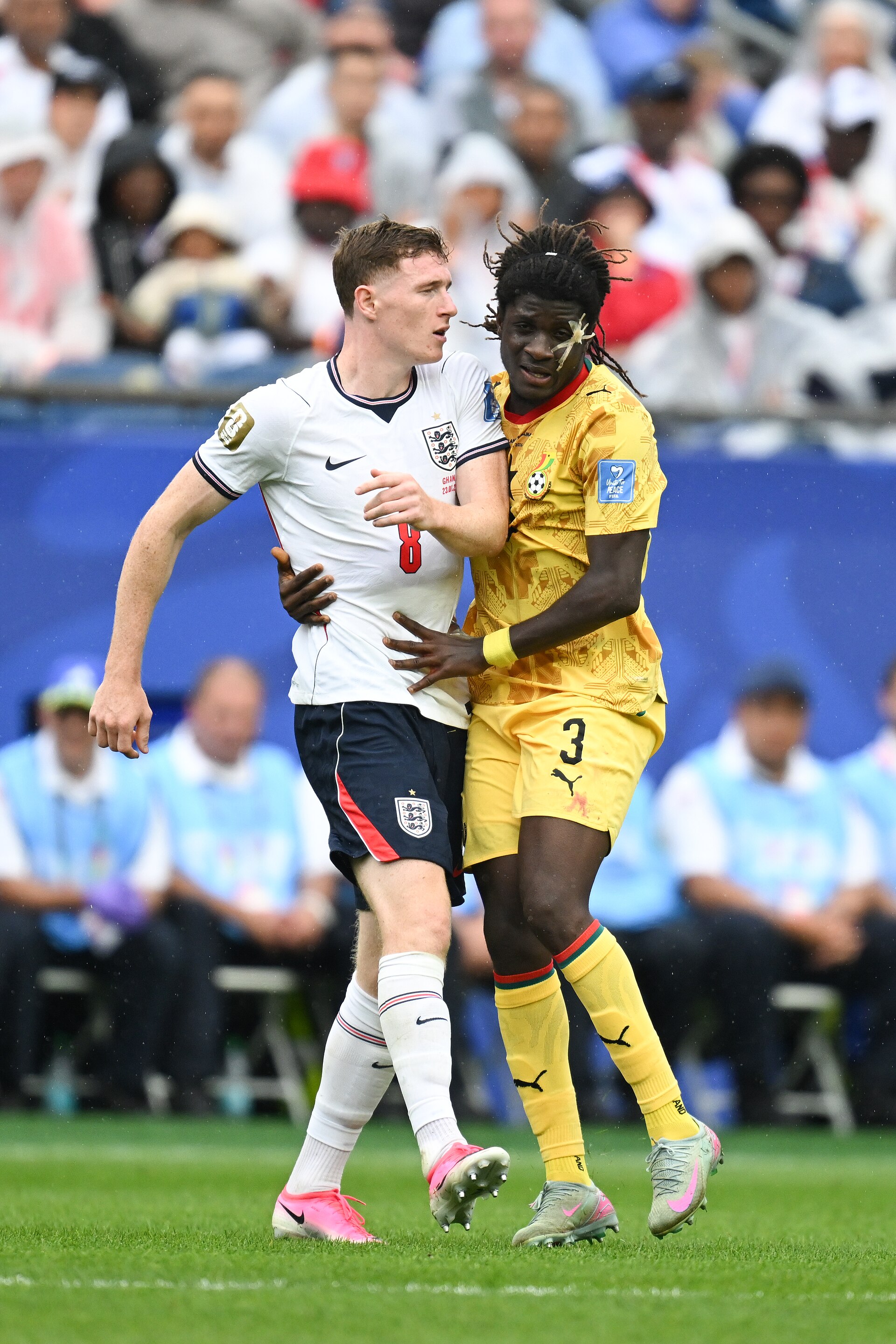 FOXBOROUGH, UNITED STATES - June 23: Elliot Anderson #8 of England and Caleb Yirenkyi #3 of Ghana in action during the FIFA World Cup 2026 Group L match between England and Ghana on June 23, 2026 Boston Stadium , Foxborough, Massachusetts