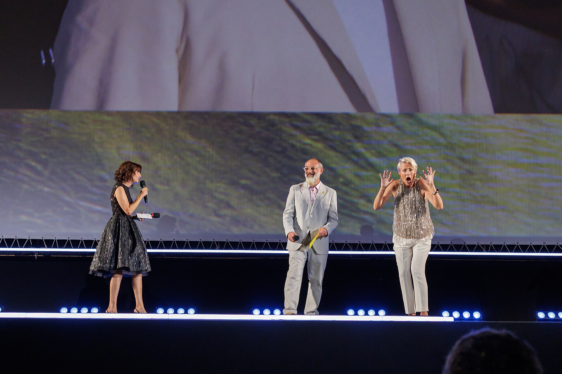 Emma Thompson on stage before the 'The Dead of Winter' screening during the 78th Locarno Film Festival on August 08, 2025 in Locarno, Switzerland.
