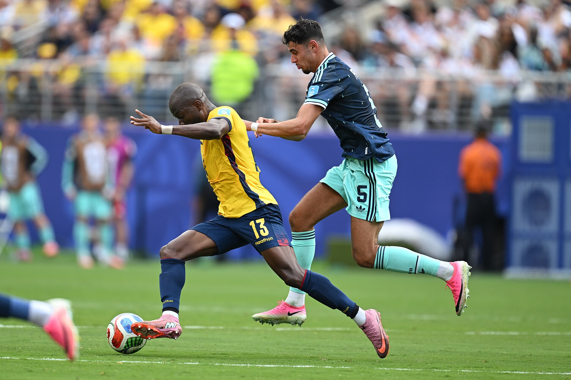 EAST RUTHERFORD, UNITED STATES - June 25: Enner Valencia #13, of Ecuadorbattles for possession with Aleksandar Pavlović #5 during the FIFA World Cup 2026 Group E match between Ecuador  and  Germany on June 25, 2026 MetLife Stadium, East Rutherford, New Jersey