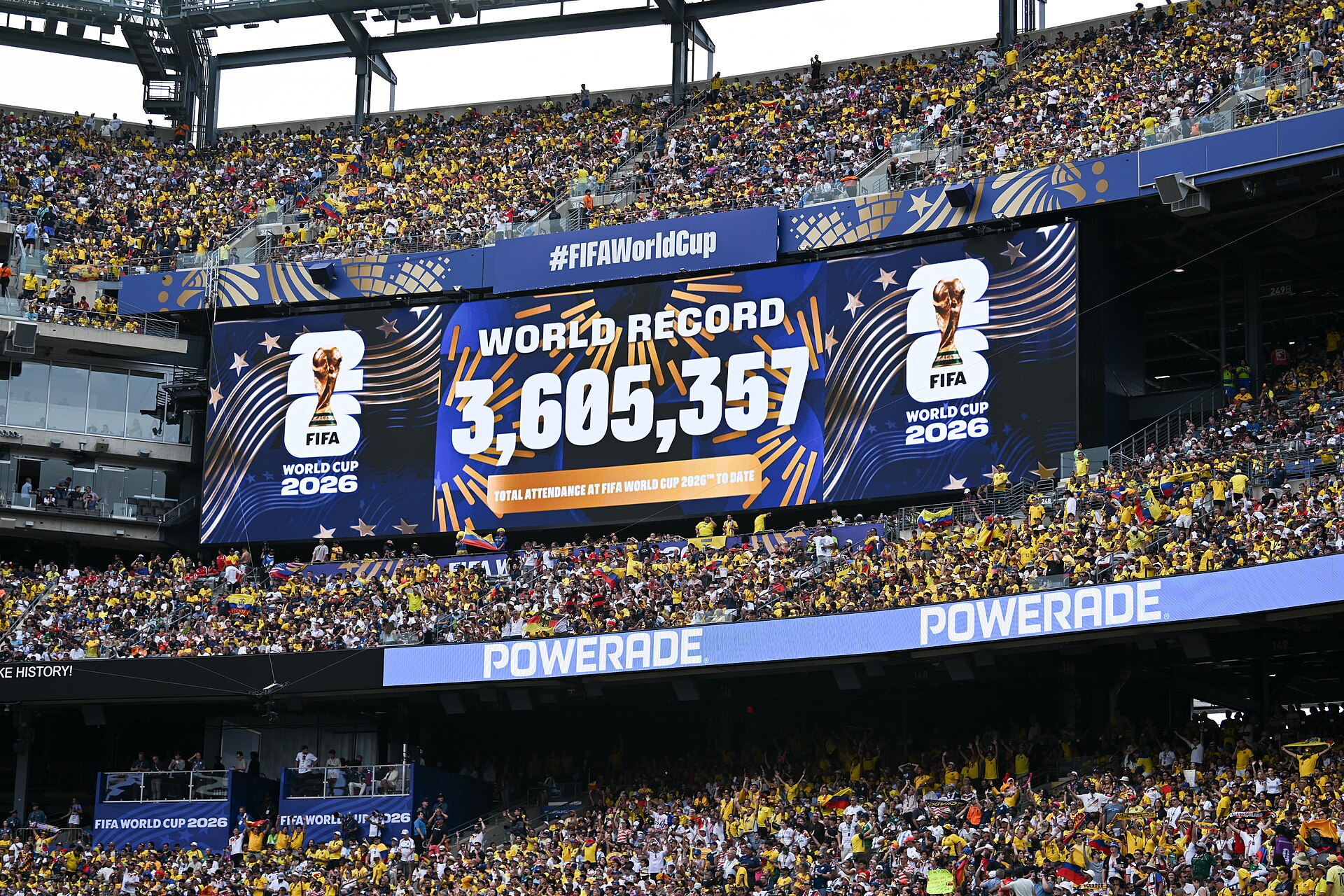 EAST RUTHERFORD, UNITED STATES - June 25: The record number to date is shown of FIFA World Cup 2026 attendance during the FIFA World Cup 2026 Group E match between Ecuador  and  Germany on June 25, 2026 MetLife Stadium, East Rutherford, New Jersey