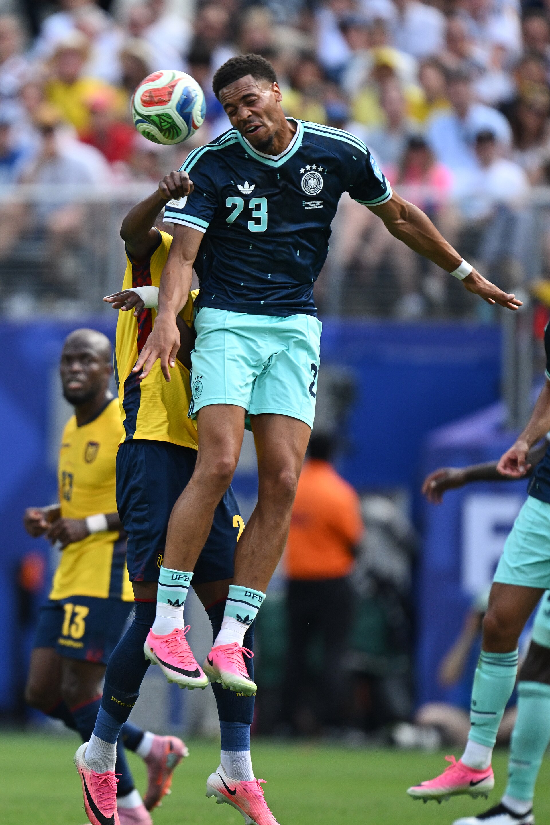 EAST RUTHERFORD, UNITED STATES - June 25: Felix Nmecha #23 of Germany battles in the air during the FIFA World Cup 2026 Group E match between Ecuador  and  Germany on June 25, 2026 MetLife Stadium, East Rutherford, New Jersey