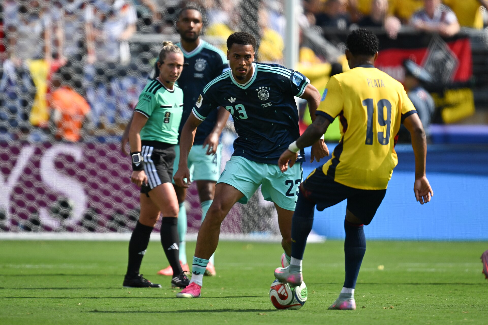 EAST RUTHERFORD, UNITED STATES - June 25: Felix Nmecha #23 of Germany battles for possession with Gonzalo Plata #19 of Ecuador during the FIFA World Cup 2026 Group E match between Ecuador  and  Germany on June 25, 2026 MetLife Stadium, East Rutherford, New Jersey