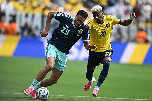 EAST RUTHERFORD, UNITED STATES - June 25: Felix Nmecha #23 of Germany battles for possession with Nilson Angulo #20 of Ecuador during the FIFA World Cup 2026 Group E match between Ecuador  and  Germany on June 25, 2026 MetLife Stadium, East Rutherford, New Jersey