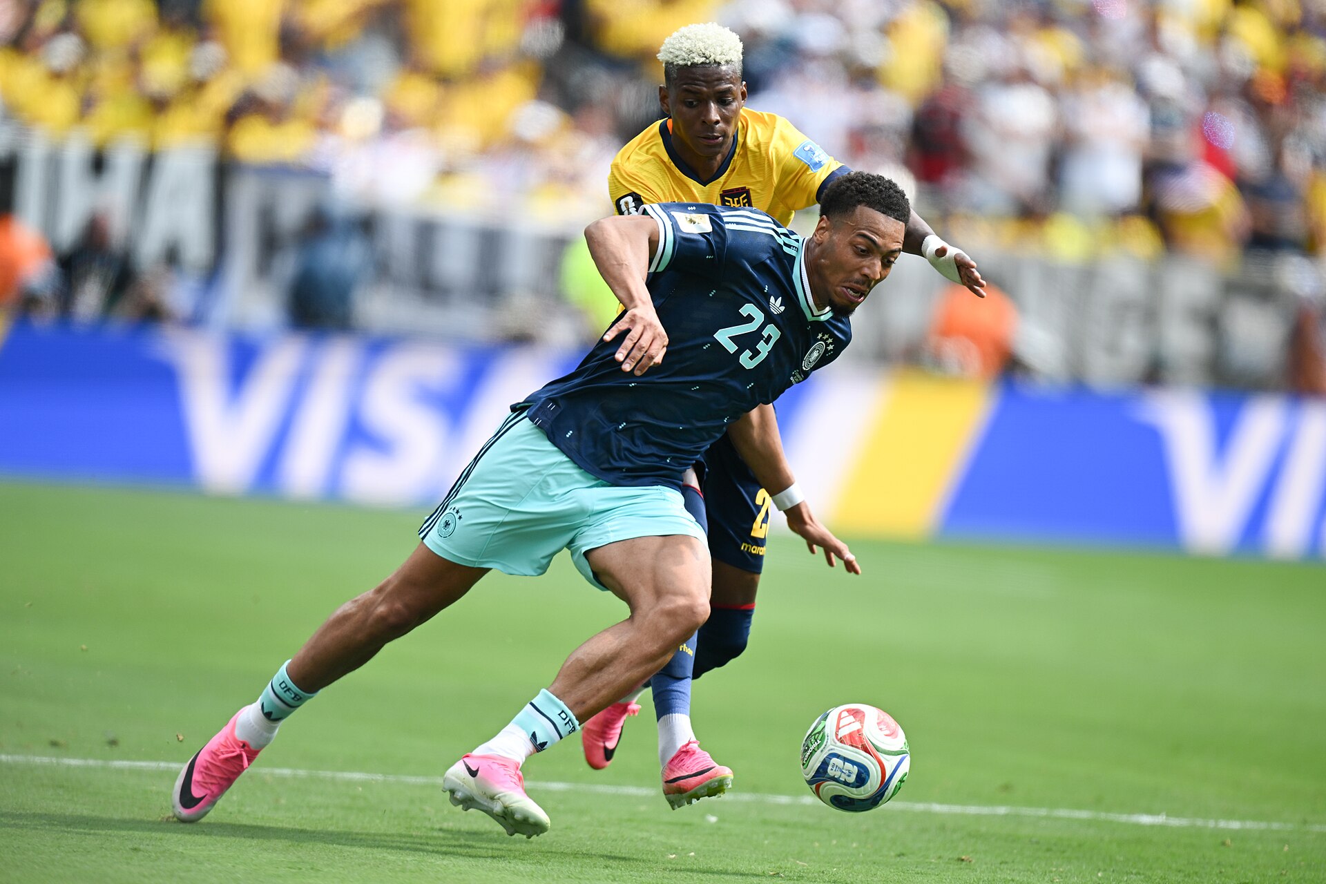 EAST RUTHERFORD, UNITED STATES - June 25: Felix Nmecha #23 of Germany battles for possession with Nilson Angulo #20 of Ecuador during the FIFA World Cup 2026 Group E match between Ecuador  and  Germany on June 25, 2026 MetLife Stadium, East Rutherford, New Jersey