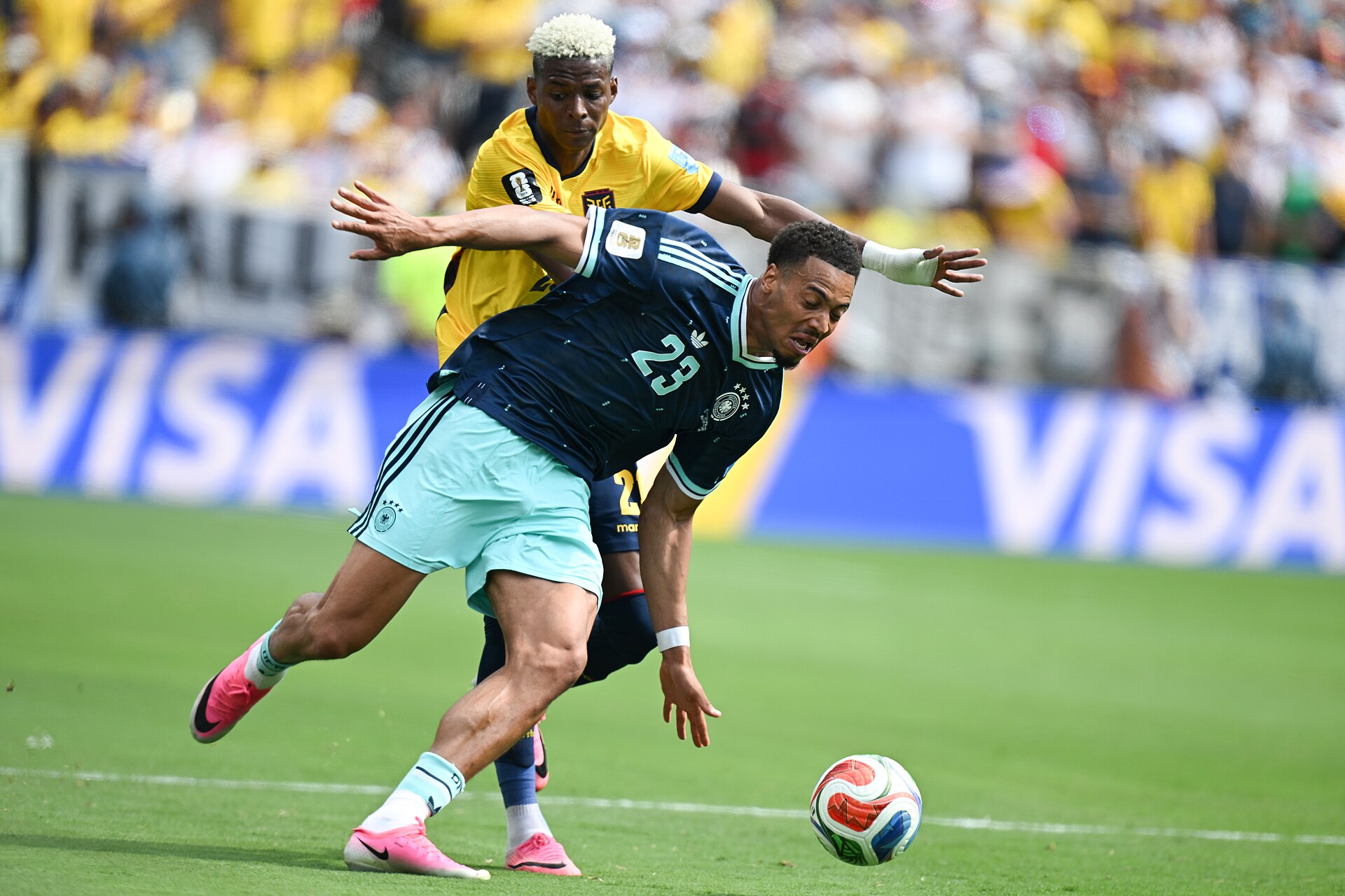 EAST RUTHERFORD, UNITED STATES - June 25: Felix Nmecha #23 of Germany battles for possession with Nilson Angulo #20 of Ecuador during the FIFA World Cup 2026 Group E match between Ecuador  and  Germany on June 25, 2026 MetLife Stadium, East Rutherford, New Jersey