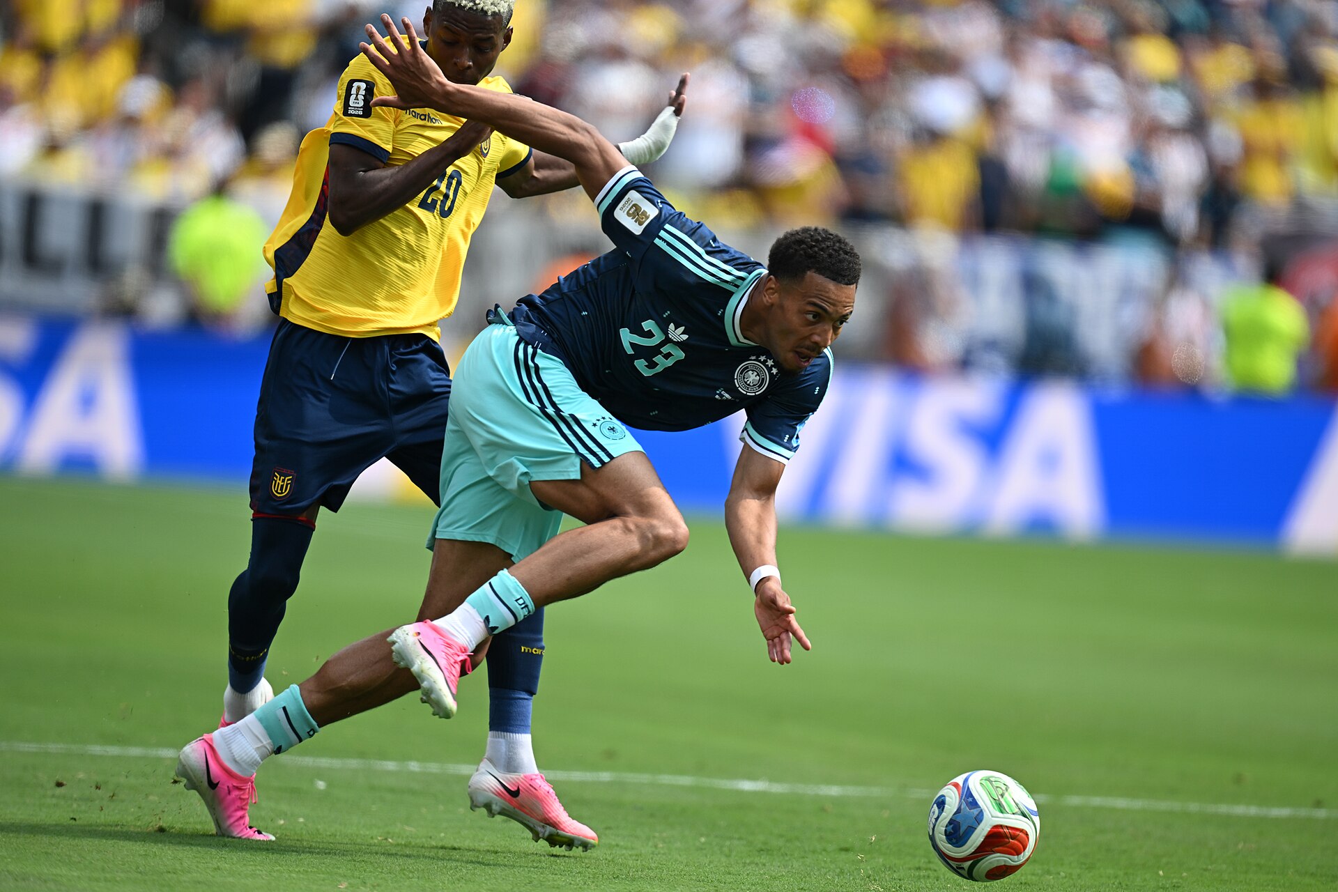 EAST RUTHERFORD, UNITED STATES - June 25: Felix Nmecha #23 of Germany battles for possession with Nilson Angulo #20 of Ecuador during the FIFA World Cup 2026 Group E match between Ecuador  and  Germany on June 25, 2026 MetLife Stadium, East Rutherford, New Jersey