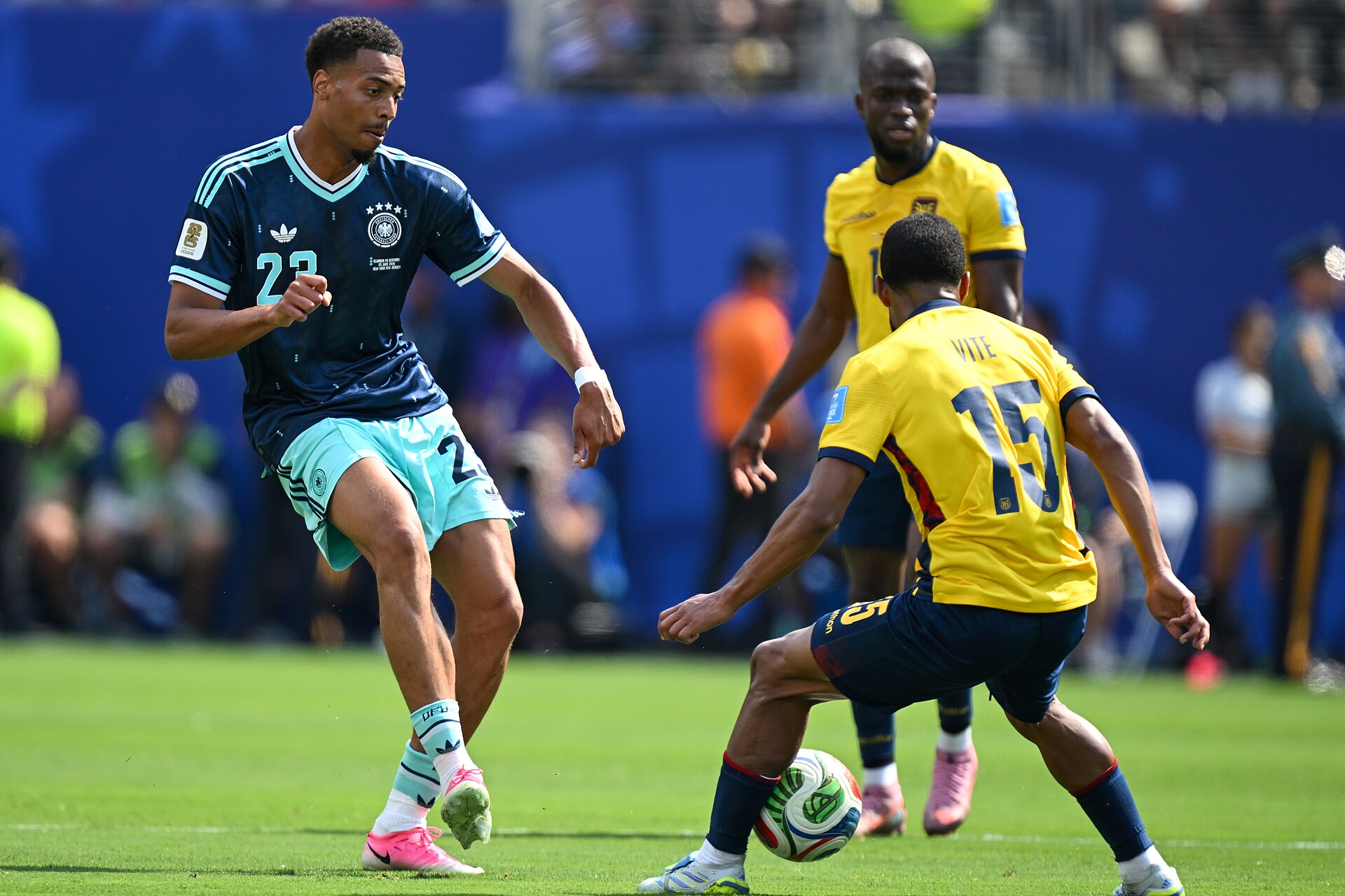 EAST RUTHERFORD, UNITED STATES - June 25: Felix Nmecha #23 of Germany is in action against Pedro Vite #15 of Ecuador during the FIFA World Cup 2026 Group E match between Ecuador  and  Germany on June 25, 2026 MetLife Stadium, East Rutherford, New Jersey
