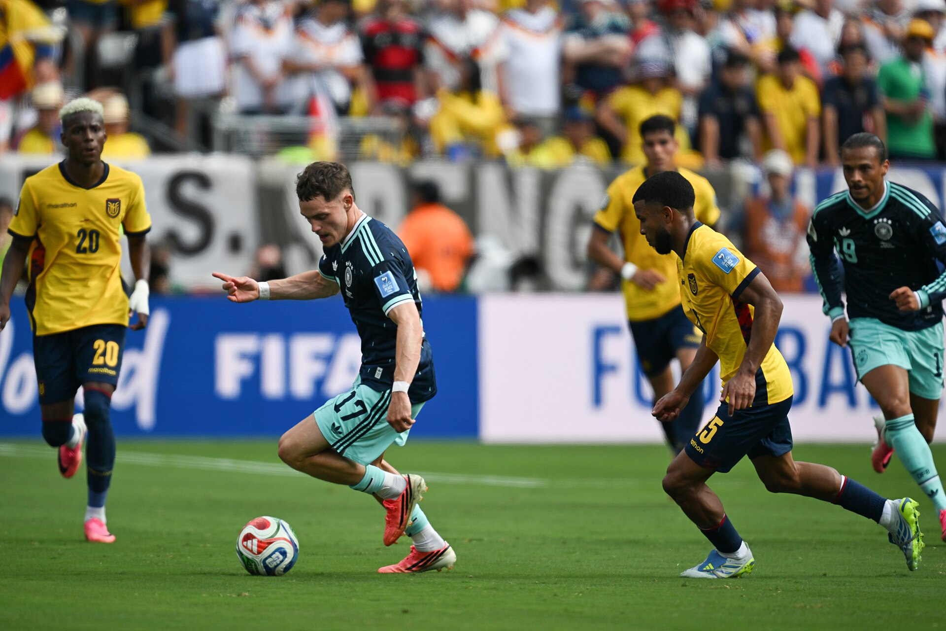 EAST RUTHERFORD, UNITED STATES - June 25: Florian Wirtz #17 of Germany battles for possession with Pedro Vite #15 of Ecuador during the FIFA World Cup 2026 Group E match between Ecuador  and  Germany on June 25, 2026 MetLife Stadium, East Rutherford, New Jersey