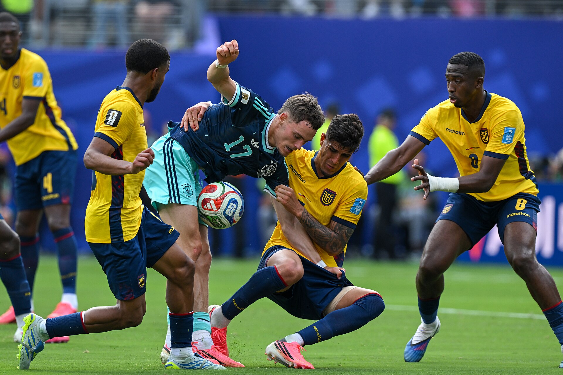 EAST RUTHERFORD, UNITED STATES - June 25: Florian Wirtz #17 of Ecuador battles for possession with Piero Hincapie #3 of Ecuador during the FIFA World Cup 2026 Group E match between Ecuador  and  Germany on June 25, 2026 MetLife Stadium, East Rutherford, New Jersey