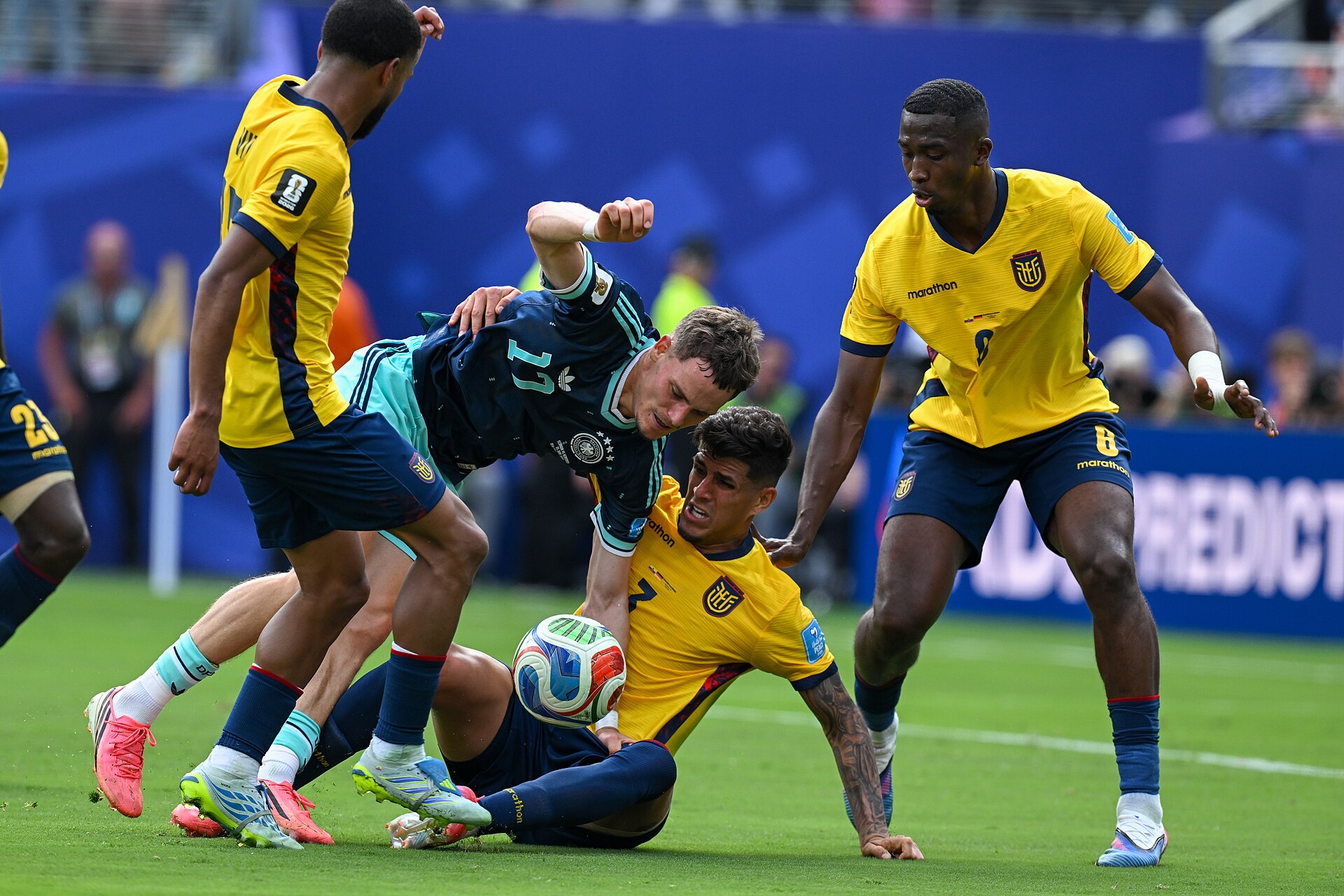 EAST RUTHERFORD, UNITED STATES - June 25: Florian Wirtz #17 of Ecuador battles for possession with Piero Hincapie #3 of Ecuador during the FIFA World Cup 2026 Group E match between Ecuador  and  Germany on June 25, 2026 MetLife Stadium, East Rutherford, New Jersey