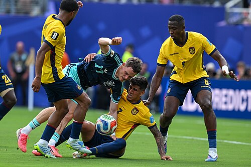 EAST RUTHERFORD, UNITED STATES - June 25: Florian Wirtz #17 of Ecuador battles for possession with Piero Hincapie #3 of Ecuador during the FIFA World Cup 2026 Group E match between Ecuador  and  Germany on June 25, 2026 MetLife Stadium, East Rutherford, New Jersey