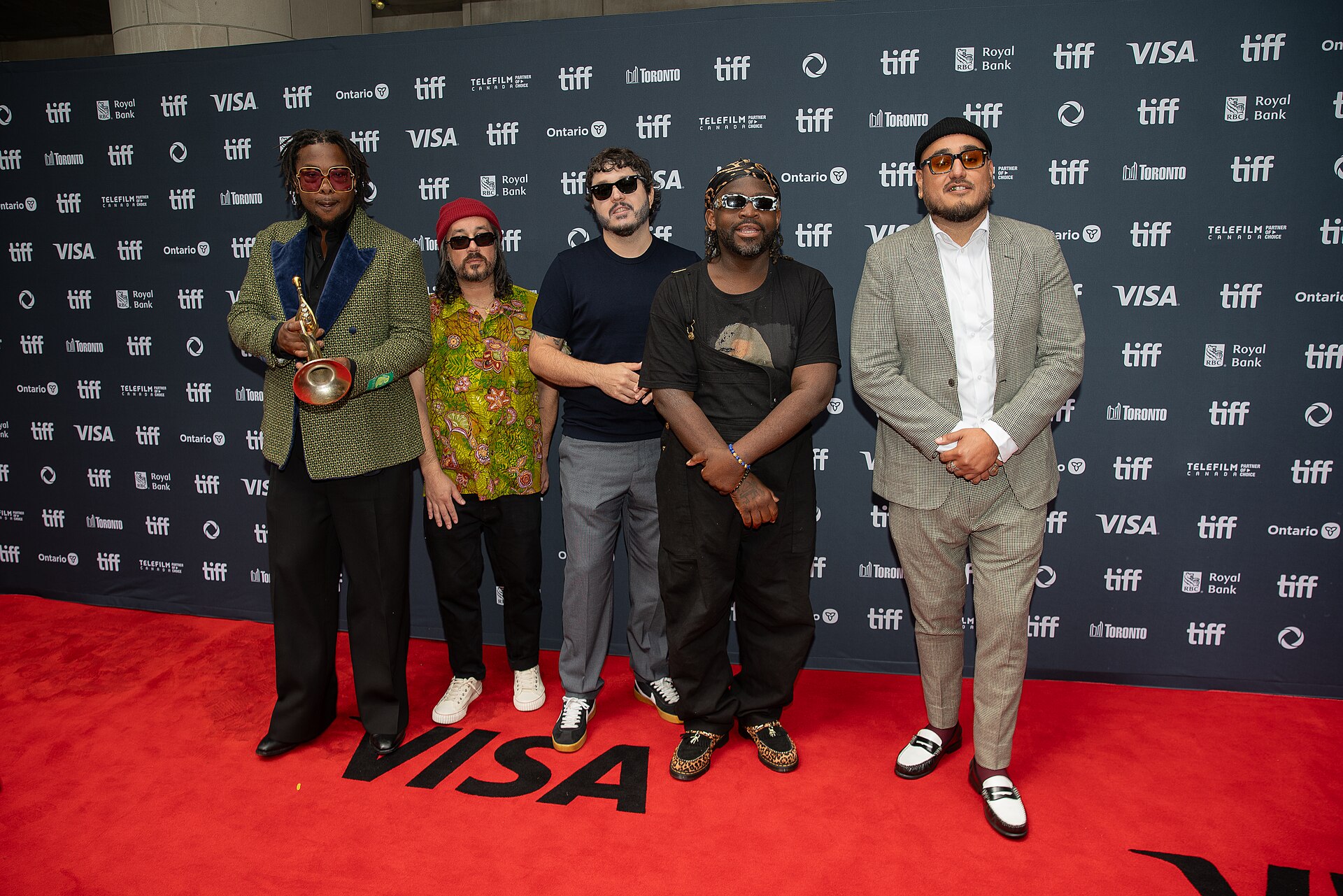 Free Nationals—Maurice Brown, Kelsey Gonzales, Callum Connor, Ron "T.Nava" Avant, José Ríos—at the 2024 Toronto International Film Festival for 'K-Pops!' red carpet