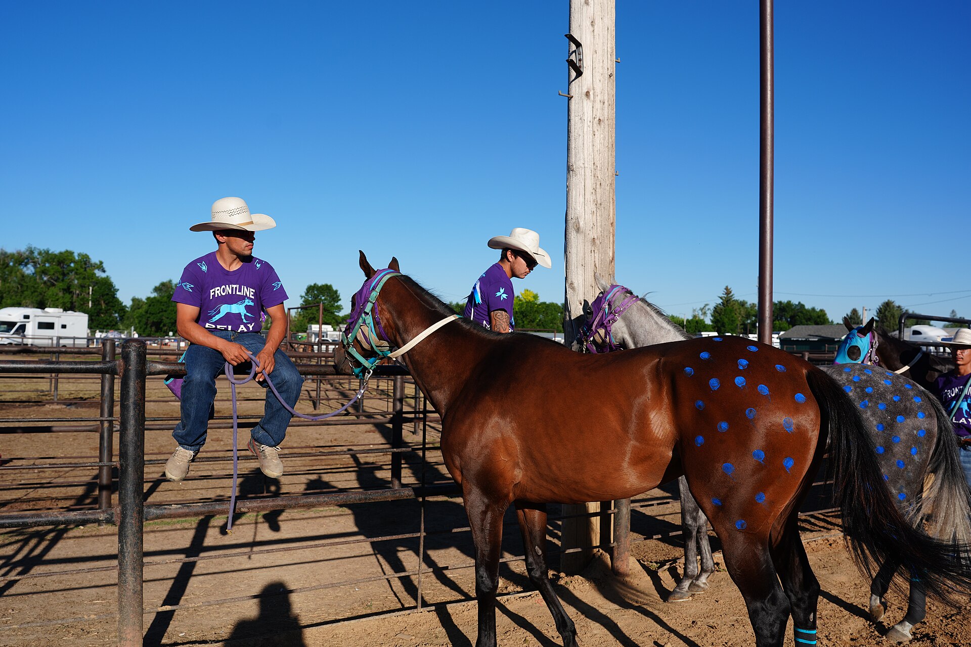 SHERIDAN, WYOMING, UNITED STATES - July 11, 2026: Frontline Relay of the Crow Creek Sioux Tribe pre-race at 2026 Sheridan WYO Rodeo World Indian Relay Championship..