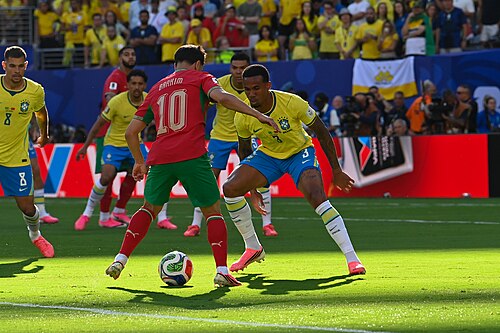 EAST RUTHERFORD, UNITED STATES - June 14: Gabriel Magalhães of Brazil and Yassine Bounou of Morocco during the FIFA World Cup 2026 Group C match between Brazil and Morocco on June 14, 2026
