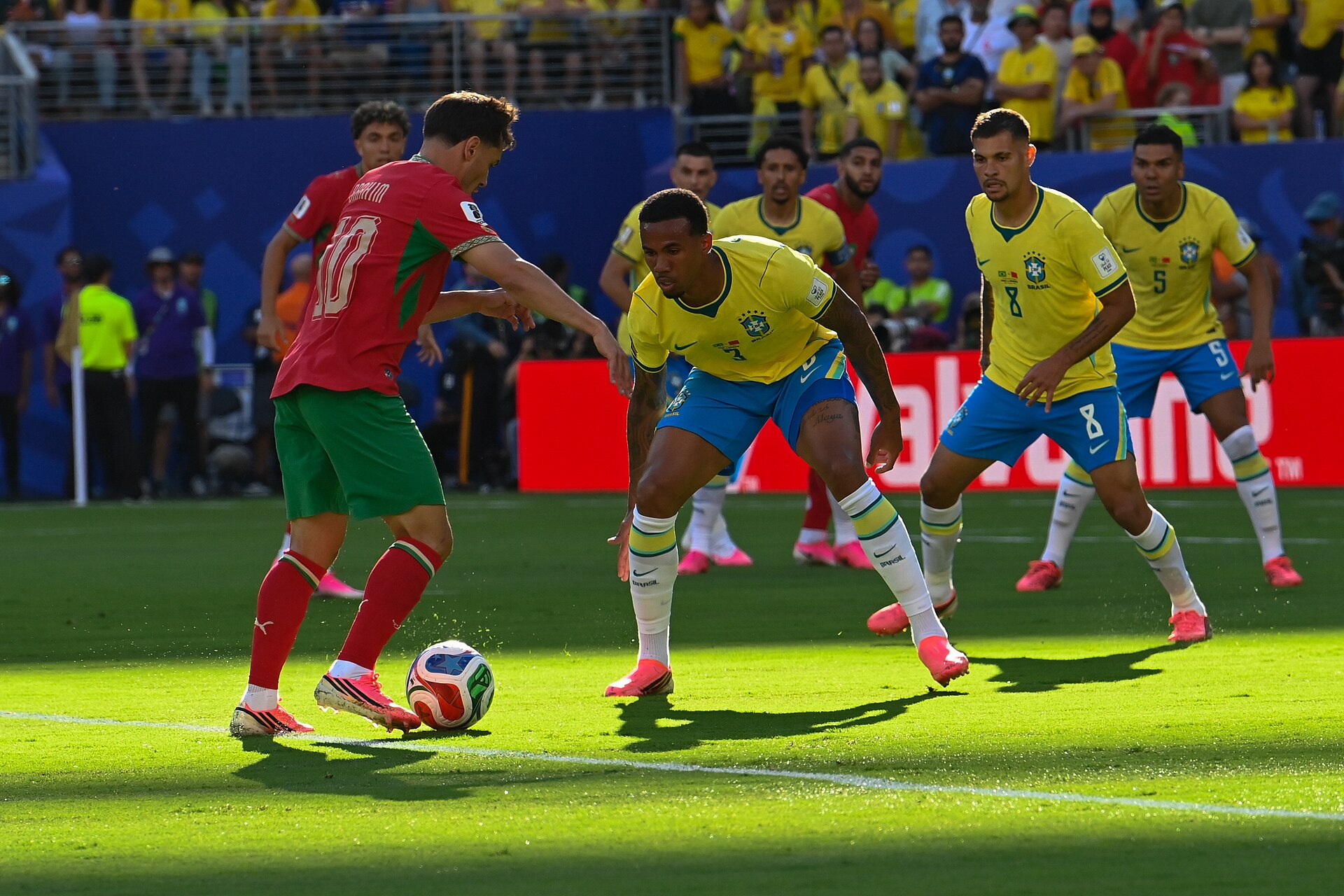 EAST RUTHERFORD, UNITED STATES - June 14: Gabriel Magalhães of Brazil and Yassine Bounou of Morocco during the FIFA World Cup 2026 Group C match between Brazil and Morocco on June 14, 2026