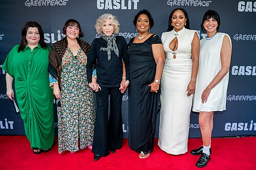 Katie Camosy, Chloe Torres, Jane Fonda, Sharon Lavigne and Shamyra Lavigne (Director and subjects of the film)and Production Manager Alana Schwartz attend the NY premiere of "Gaslit" at IFC Center