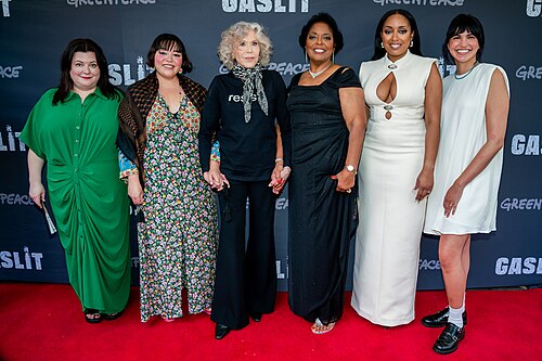 Katie Camosy, Chloe Torres, Jane Fonda, Sharon Lavigne and Shamyra Lavigne (Director and subjects of the film)and Production Manager Alana Schwartz attend the NY premiere of "Gaslit" at IFC Center