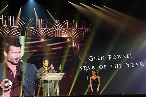 Glen Powell on stage at CinemaCon 2025 where he was honored with the Star of the Year award in at Caesar's Palace at Las Vegas, NV