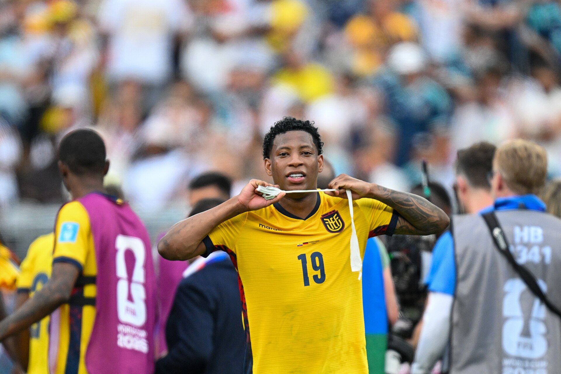 EAST RUTHERFORD, UNITED STATES - June 25: Gonzalo Plata #19 of Ecuador arter winning the FIFA World Cup 2026 Group E match between Ecuador  and  Germany on June 25, 2026 MetLife Stadium, East Rutherford, New Jersey