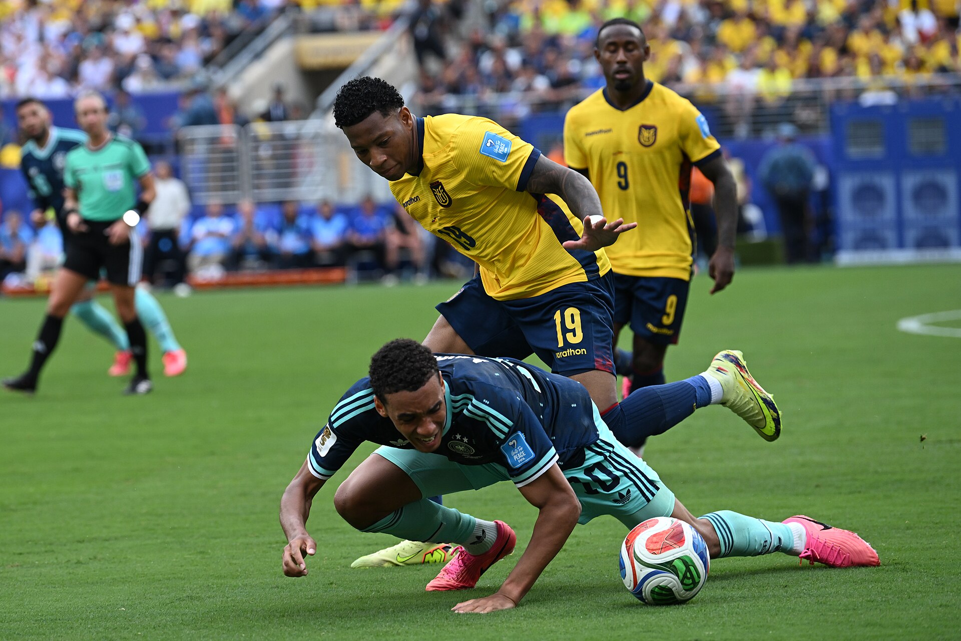 EAST RUTHERFORD, UNITED STATES - June 25: Gonzalo Plata #19 of Ecuador is in action against Nadiem Amiri #20 of Germany during the FIFA World Cup 2026 Group E match between Ecuador  and  Germany on June 25, 2026 MetLife Stadium, East Rutherford, New Jersey