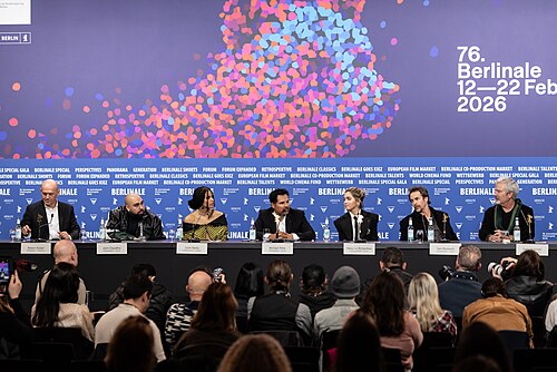 Director Gore Verbinski, cast members Sam Rockwell, Haley Lu Richardson, Zazie Beetz, Michael Peña and Asim Chaudhry, and producer Robert Kulzer at the press conference for the film Good Luck, Have Fun, Don't Die at the 2026 Berlin International Film Festival