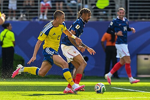 EAST RUTHERFORD, UNITED STATES - June 30: Gustaf Lagerbielke #2 of Sweden is in action against Bradley Barcola #12 of France during the FIFA World Cup 2026 round of 32 match between France  and Sweden on June 30, 2026 MetLife Stadium, East Rutherford, New Jersey