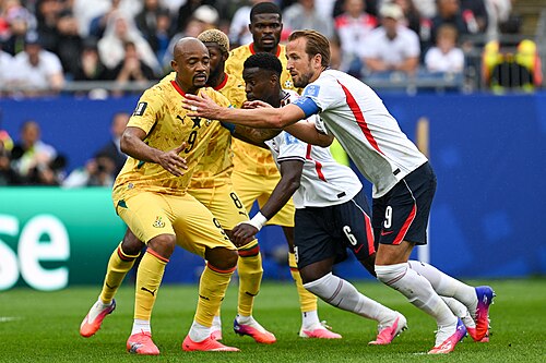 FOXBOROUGH, UNITED STATES - June 23: Harry Kane #9 of England is in action against Jordan Ayew #9 of Ghana during the FIFA World Cup 2026 Group L match between England and Ghana on June 23, 2026 Boston Stadium , Foxborough, Massachusetts