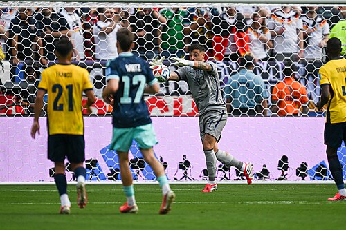 EAST RUTHERFORD, UNITED STATES - June 25: Goalkeeper Hernan Galindez #1 of Ecuador in action during the FIFA World Cup 2026 Group E match between Ecuador  and  Germany on June 25, 2026 MetLife Stadium, East Rutherford, New Jersey