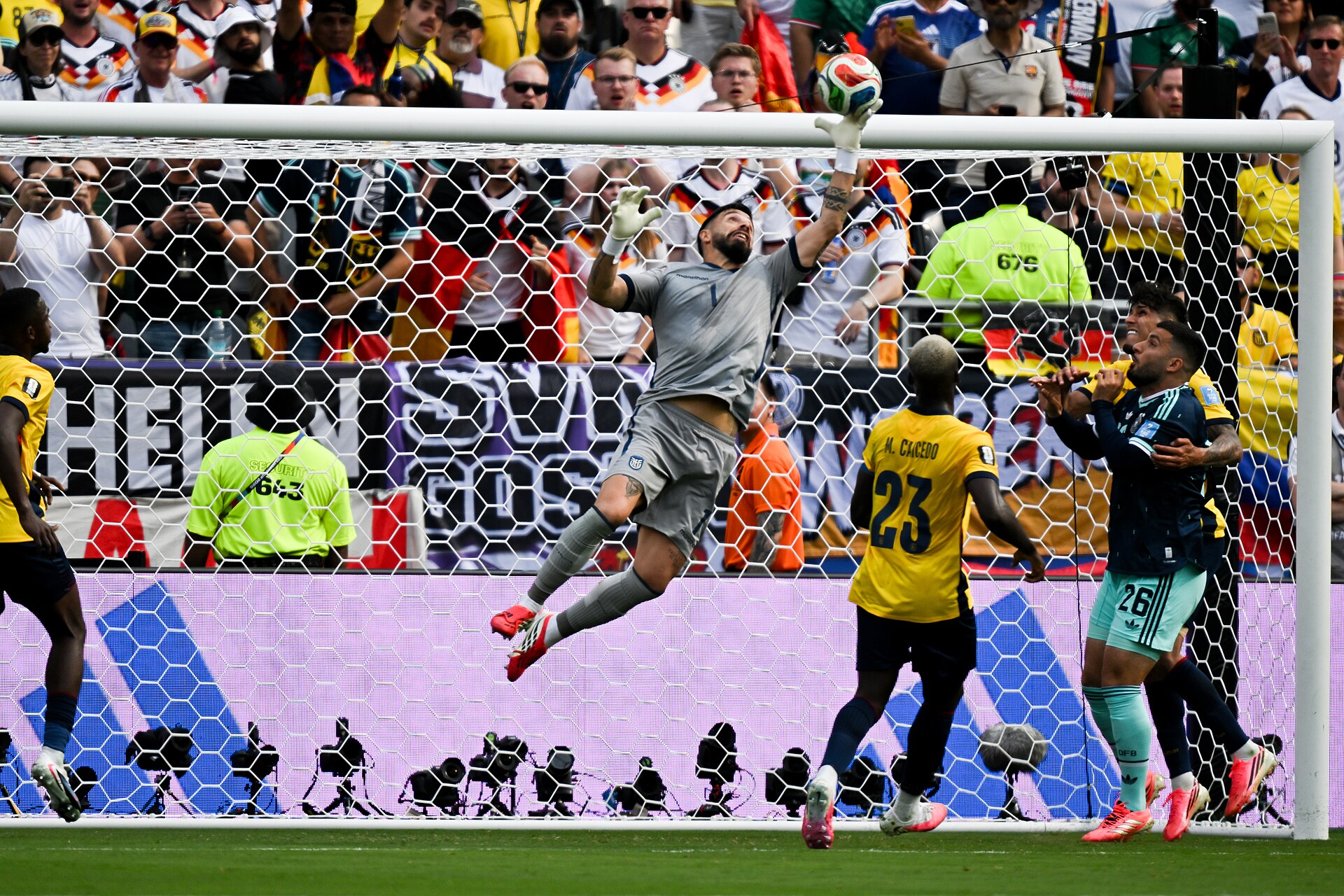 EAST RUTHERFORD, UNITED STATES - June 25: Goalkeeper Hernan Galindez #1 of Ecuador makes save during the FIFA World Cup 2026 Group E match between Ecuador  and  Germany on June 25, 2026 MetLife Stadium, East Rutherford, New Jersey