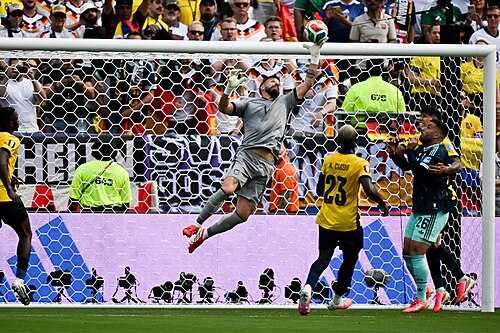 EAST RUTHERFORD, UNITED STATES - June 25: Goalkeeper Hernan Galindez #1 of Ecuador makes save during the FIFA World Cup 2026 Group E match between Ecuador  and  Germany on June 25, 2026 MetLife Stadium, East Rutherford, New Jersey