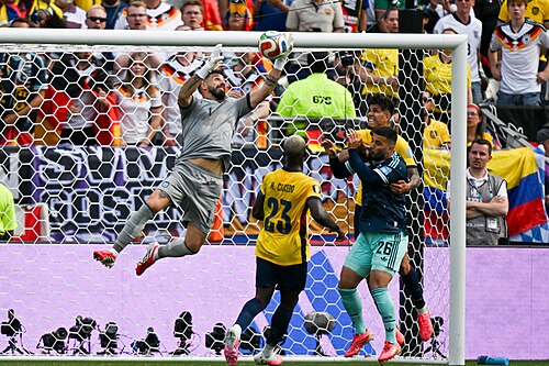 EAST RUTHERFORD, UNITED STATES - June 25: Goalkeeper Hernan Galindez #1 of Ecuador makes save during the FIFA World Cup 2026 Group E match between Ecuador  and  Germany on June 25, 2026 MetLife Stadium, East Rutherford, New Jersey
