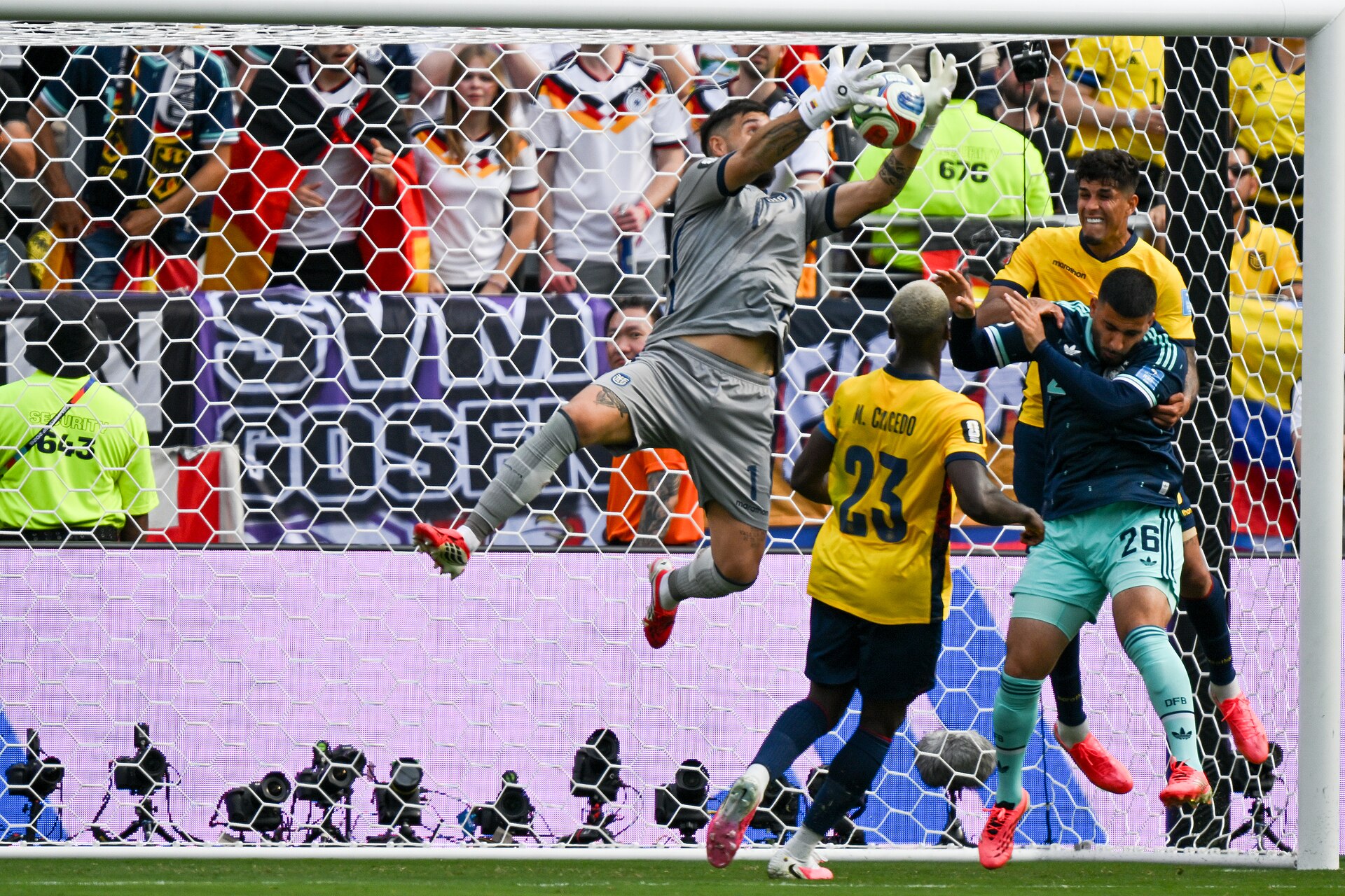 EAST RUTHERFORD, UNITED STATES - June 25: Goalkeeper Hernan Galindez #1 of Ecuador makes save during the FIFA World Cup 2026 Group E match between Ecuador  and  Germany on June 25, 2026 MetLife Stadium, East Rutherford, New Jersey