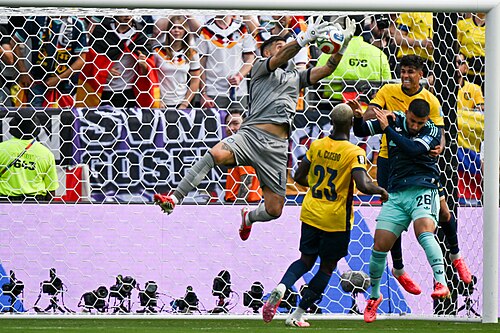 EAST RUTHERFORD, UNITED STATES - June 25: Goalkeeper Hernan Galindez #1 of Ecuador makes save during the FIFA World Cup 2026 Group E match between Ecuador  and  Germany on June 25, 2026 MetLife Stadium, East Rutherford, New Jersey
