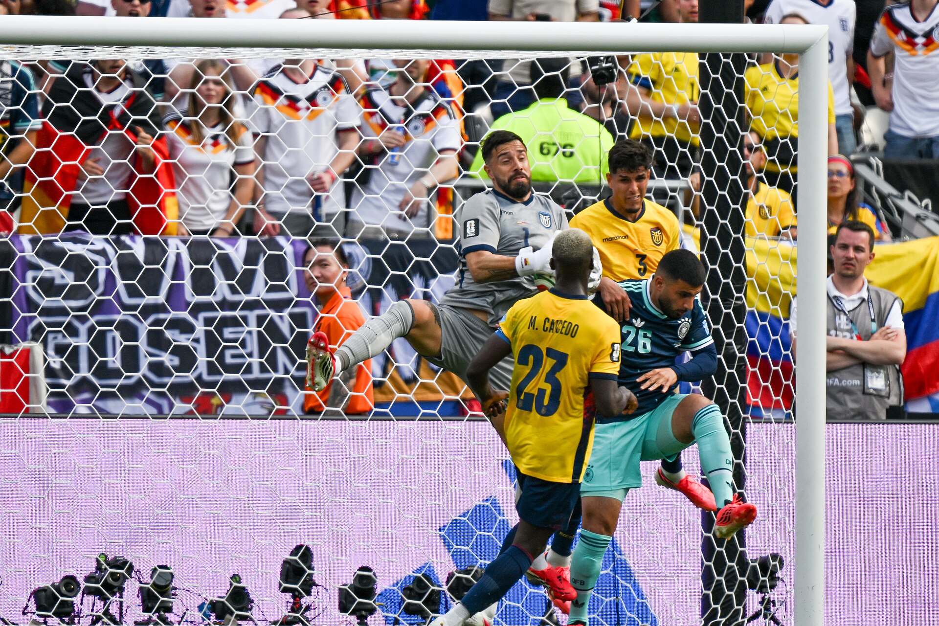 EAST RUTHERFORD, UNITED STATES - June 25: Goalkeeper Hernan Galindez #1 of Ecuador makes save during the FIFA World Cup 2026 Group E match between Ecuador  and  Germany on June 25, 2026 MetLife Stadium, East Rutherford, New Jersey