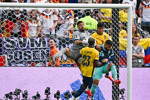 EAST RUTHERFORD, UNITED STATES - June 25: Goalkeeper Hernan Galindez #1 of Ecuador makes save during the FIFA World Cup 2026 Group E match between Ecuador  and  Germany on June 25, 2026 MetLife Stadium, East Rutherford, New Jersey