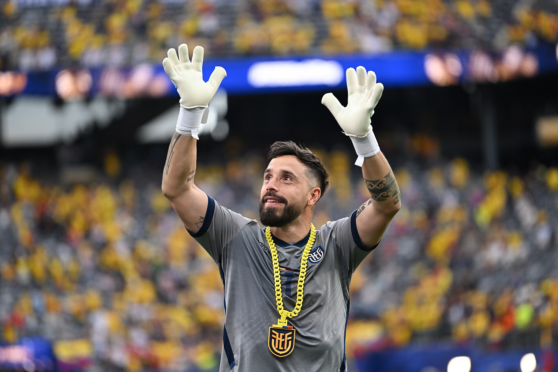 EAST RUTHERFORD, UNITED STATES - June 25: Goalkeeper Hernan Galindez #1 after winning  the FIFA World Cup 2026 Group E match between Ecuador  and  Germany on June 25, 2026 MetLife Stadium, East Rutherford, New Jersey