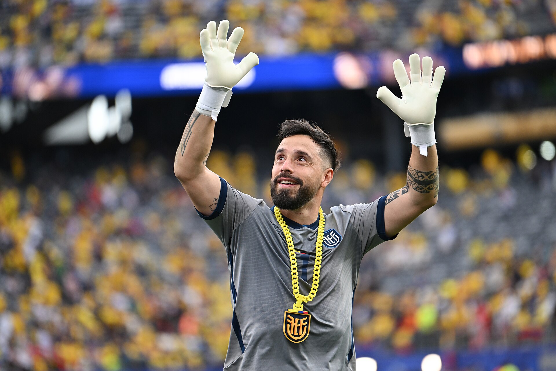 EAST RUTHERFORD, UNITED STATES - June 25: Goalkeeper Hernan Galindez #1 after winning  the FIFA World Cup 2026 Group E match between Ecuador  and  Germany on June 25, 2026 MetLife Stadium, East Rutherford, New Jersey