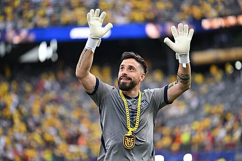 EAST RUTHERFORD, UNITED STATES - June 25: Goalkeeper Hernan Galindez #1 after winning  the FIFA World Cup 2026 Group E match between Ecuador  and  Germany on June 25, 2026 MetLife Stadium, East Rutherford, New Jersey