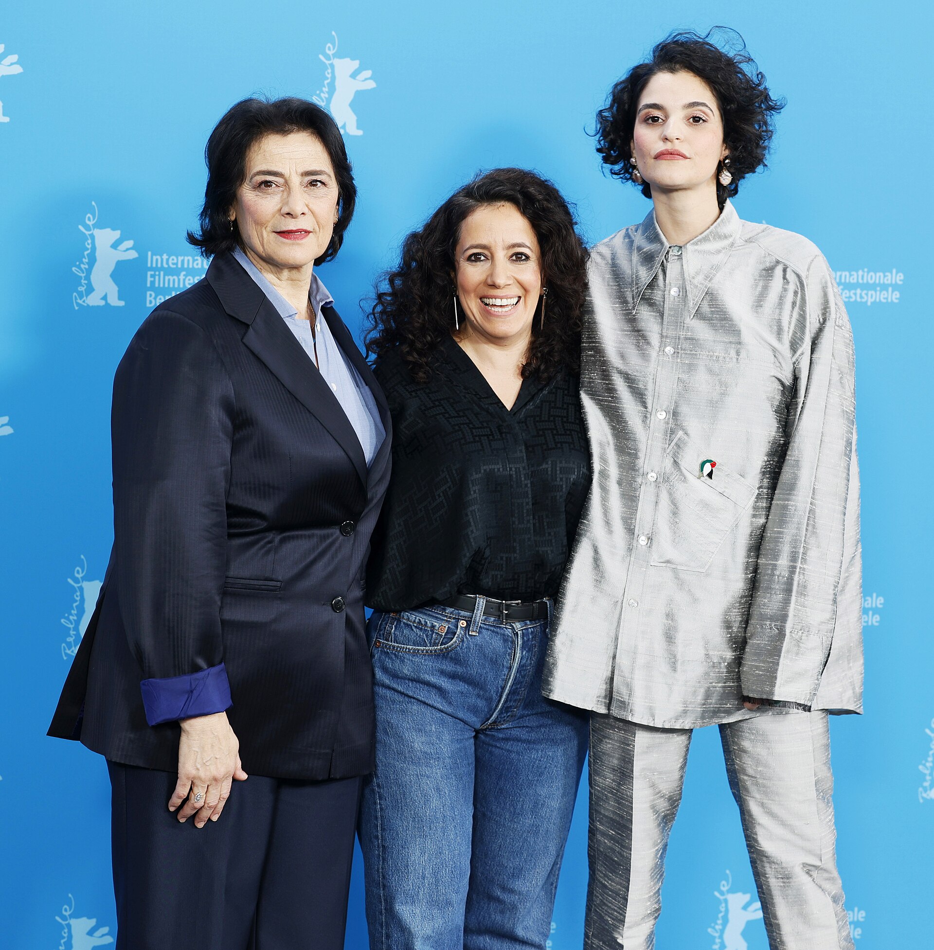 (L-R) Hiam Abbass, Director Leyla Bouzid and Eya Bouteraa pose at the "À Voix Basse" (In A Whisper) photocall at Berlinale 2026 in Berlin, Germany