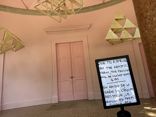 France Pavilion at the 2026 Venice Biennale on strike May 8, 2026 to protest the inclusion of Israel in the art exhibition. Numerous pavilions closed for all or part of the day.