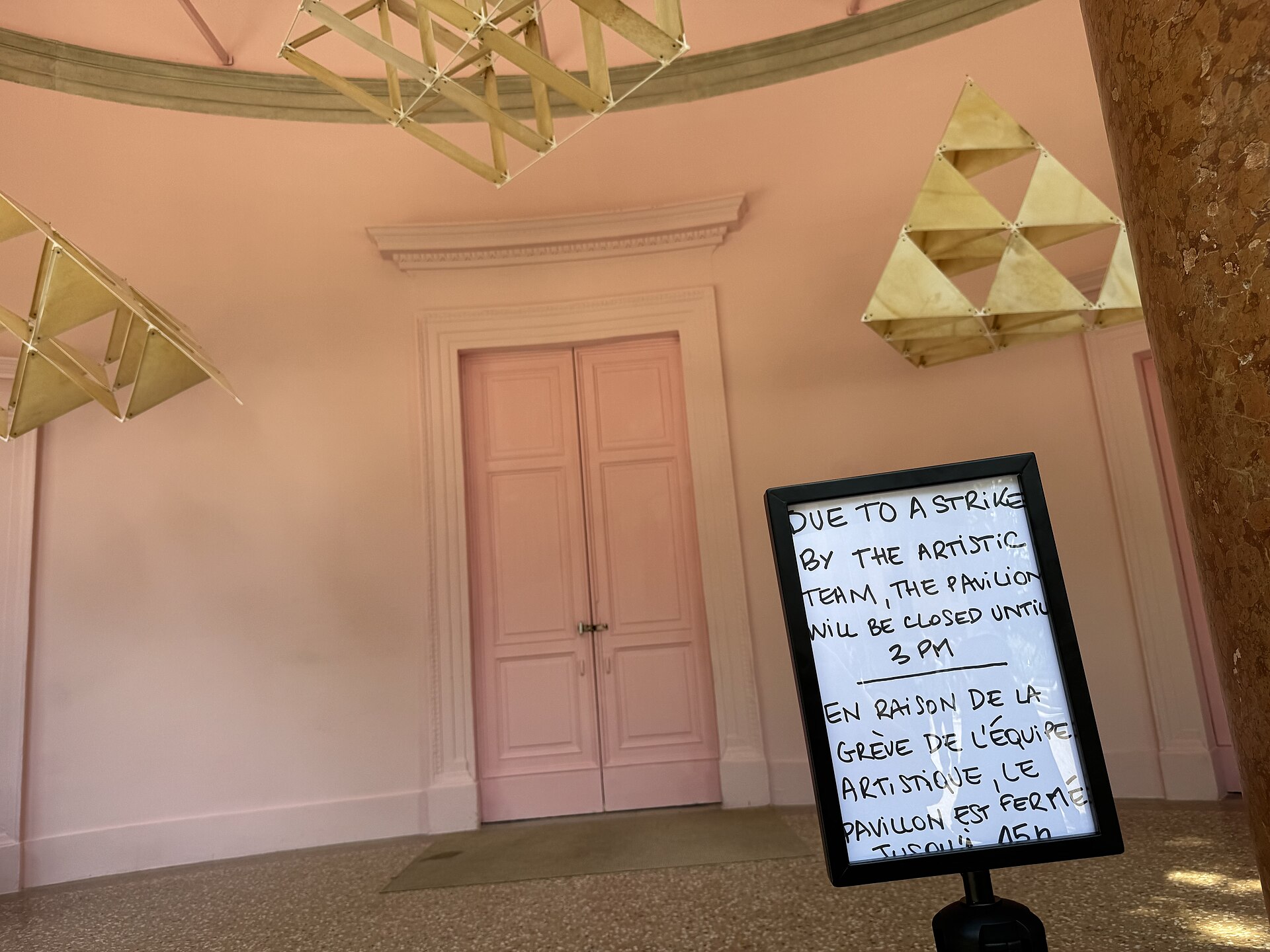 France Pavilion at the 2026 Venice Biennale on strike May 8, 2026 to protest the inclusion of Israel in the art exhibition. Numerous pavilions closed for all or part of the day.