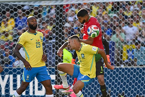 EAST RUTHERFORD, UNITED STATES - June 13:  Igor Thiago, Bruno Guimarães of Brazil and Ismael Saibari of Morocco during the FIFA World Cup 2026 Group C match between Brazil and Morocco on June 14, 2026