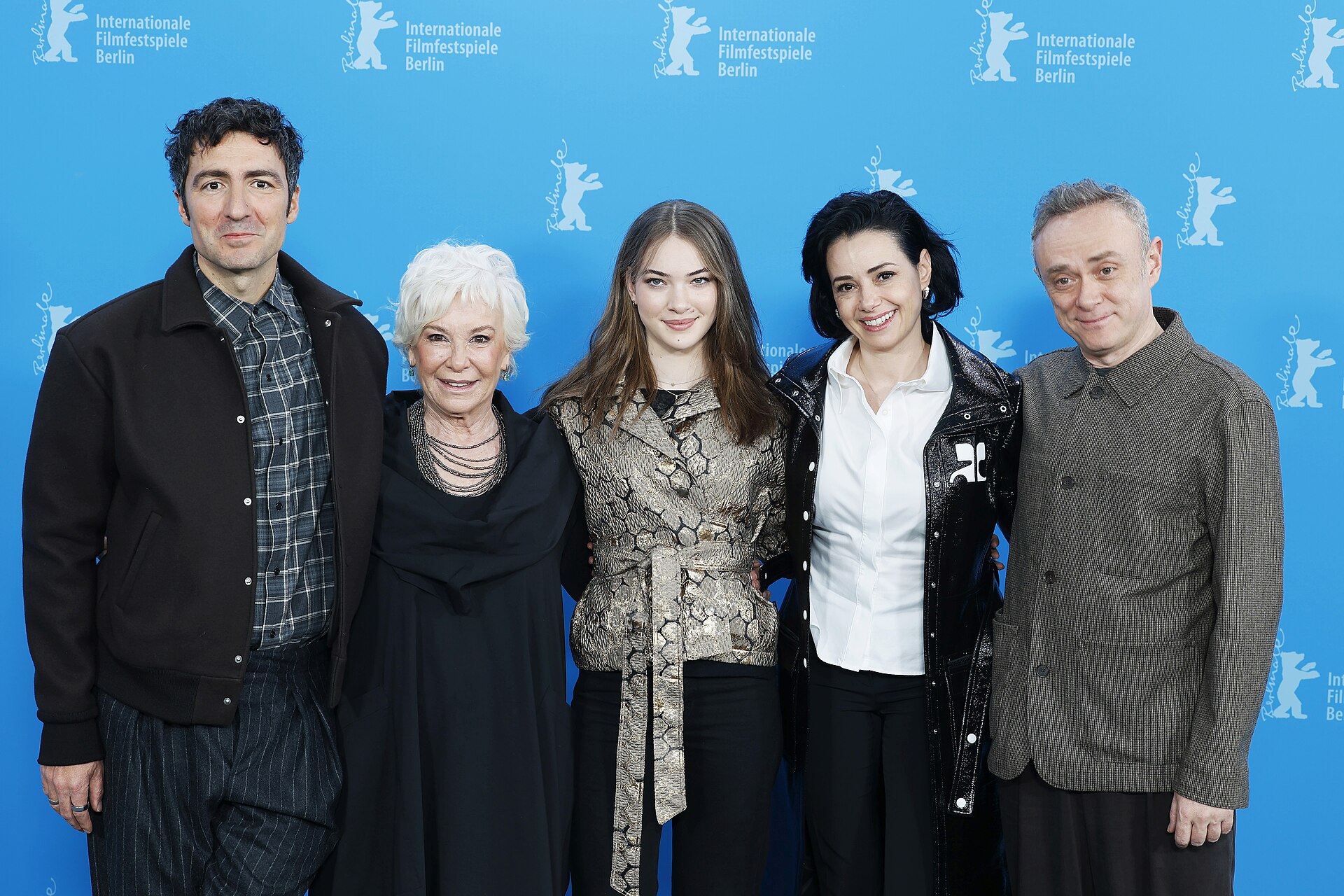 Film Crew:Ilker Çatak, Ipek Bilgin, Leyla Smyrna Cabas, Özgü Namal and Tansu Bicer pose at the "Gelbe Briefe" (Yellow Letters) photocall at Berlinale 2026 in Berlin, Germany