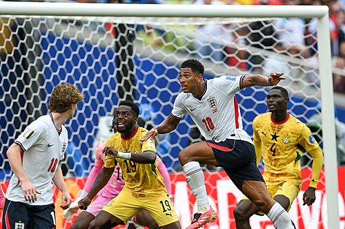 FOXBOROUGH, UNITED STATES - June 23: Inaki Williams #19 of Ghana is in action against Jude Bellingham #10 of England during the FIFA World Cup 2026 Group L match between England and Ghana on June 23, 2026 Boston Stadium , Foxborough, Massachusetts