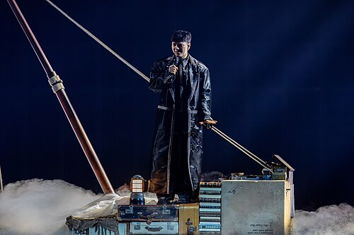 JJ, representing Austria, performing at Eurovision 2025 in Basel, Switzerland.