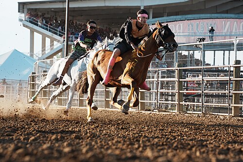 SHERIDAN, WYOMING, UNITED STATES - July 9, 2026: Jace Long Feather (Long Feather) and Kalijah Oldson (Brew Crew) at 2026 Sheridan WYO Rodeo Mens Indian Relay.