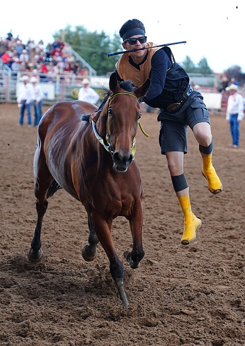 Jace Long Feather of team Long Feather at 2026 Sheridan WYO Rodeo Mens Indian Relay.