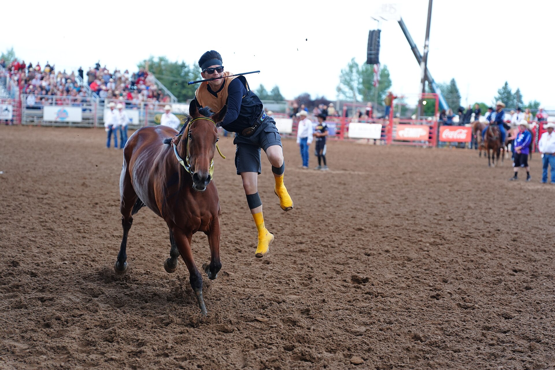 Jace Long Feather of team Long Feather at 2026 Sheridan WYO Rodeo Mens Indian Relay.